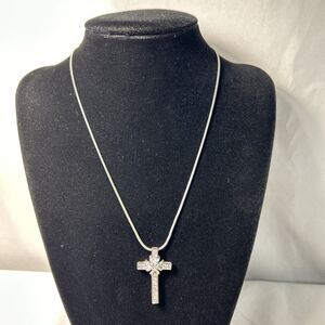 Crystal Cross Necklace Religious Spiritual Silvertone Jewelry Crucifix 16”